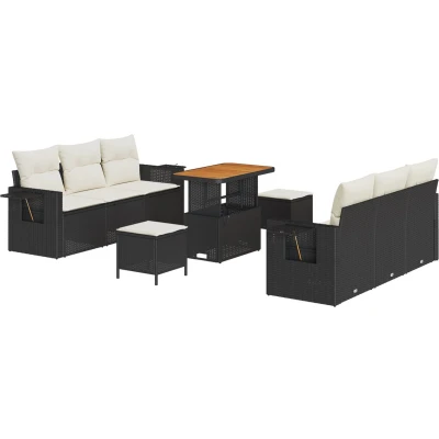 Afbeelding van vidaXL 9 delige tuinsofa set met kussens zwart poly rattan acacia, 3 tuin eetset acacia