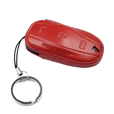 Afbeelding van M.JVisun Echt lederen sleutelhanger voor Tesla Model 3 S Y Smart autosleutel 3/S/Y Rood