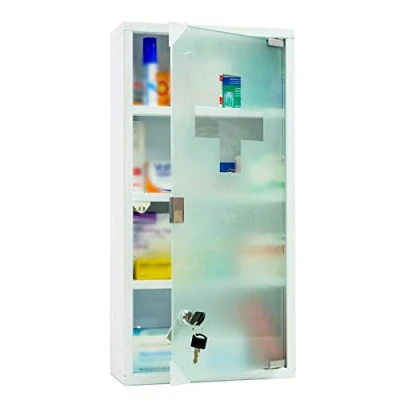 Afbeelding van Style home Afsluitbare medicijnkastje, 60 x 30 12 cm, met glazen deur, 2 sleutels, wit, 4 vakken