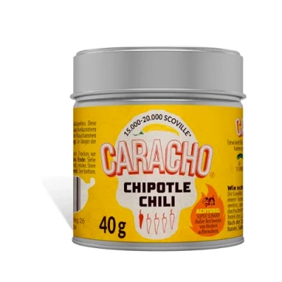 Afbeelding van CARACHO 40 g gemalen chipotle chilivlokken 100% kruidig chilipoeder in metalen kruidenpotje / Scoville: 15.000 tot 20.000 Chili specialiteit