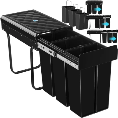 Afbeelding van tectake® Afvalverzamelaar inbouw vuilnisbak 3 voudige Scheiding, 30L, Telescooprails Efficiënte Opruimoplossing voor Keuken en Kantoor Prullenbak
