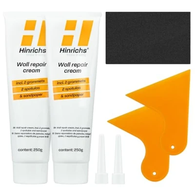 Afbeelding van Hinrichs Wandreparatieset crème 250 g set van 2 vulspatels g, wandspatels, spuitmonden en schuurpapier wandkit voor snelle reparaties