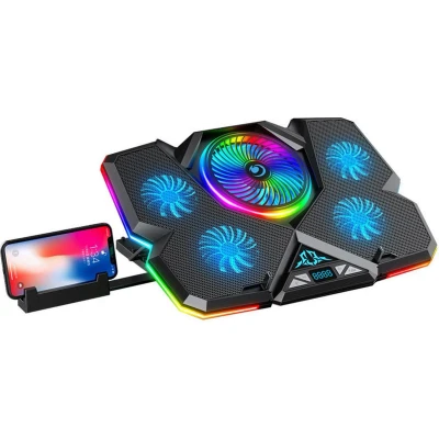 Afbeelding van CoolCold Laptop Koeler + Telefoonhouder 5 Ventilatoren Cooling Pad RGB Verstelbaar Standaard Gaming