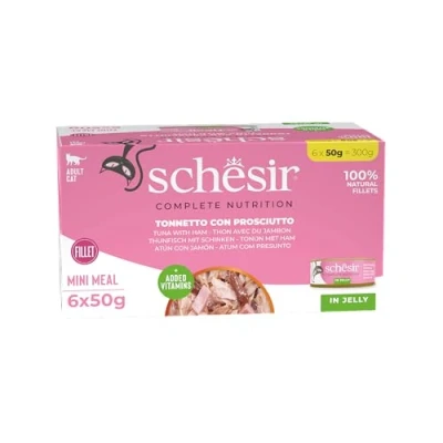 Afbeelding van 6x50g Tonijn met hamSchesir Complete Voeding filet in gelei natvoer voor katten