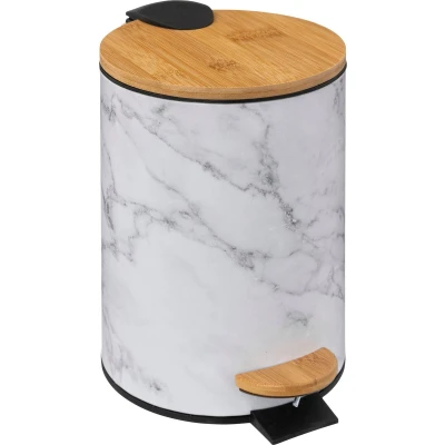 Afbeelding van 5Five Prullenbak/pedaalemmer Marmer look wit 3 liter metaal/bamboe 17 x 25 cm soft close