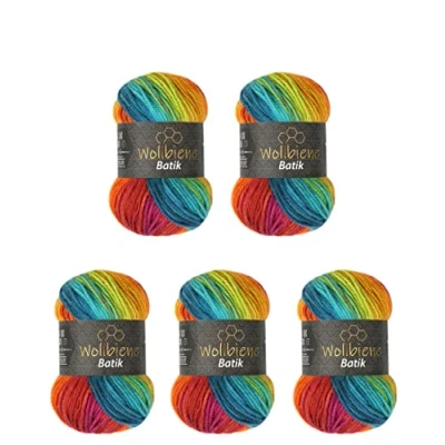 Afbeelding van Wollbiene Batik Set van 5 bollen 100 g wol voor breien en haken (500 g) Veelkleurig Met kleurgradatie Kleur 2060 bes, oranje, groen, turkoois