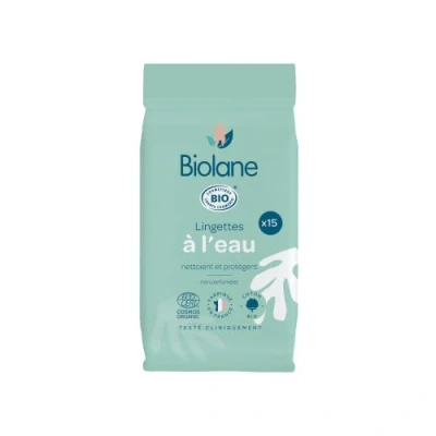 Image de Biolane Lingettes A L’EAU BIO Format POCKET 15 Naturelles Composées à 99% d’Eau pour tout le Corps de Bébé Utilisables dès la Naissance Peaux Sensibles Pratique