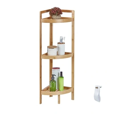 Afbeelding van Relaxdays Hoekrek van bamboe, 3 halfronde planken, HBT 90 x 36,5 26 cm, vrijstaand rek voor badkamer en keuken, ruimtebesparend, natuur