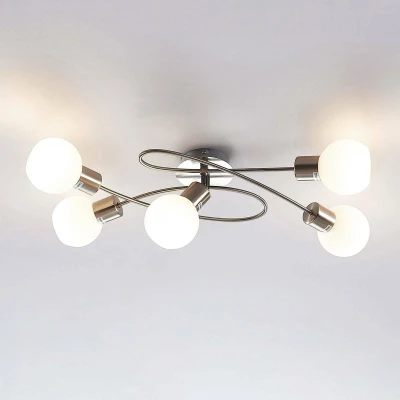 Afbeelding van Lindby plafondlamp 5lichts metaal, glas H: 15.5 cm E14 mat nikkel, opaalwit