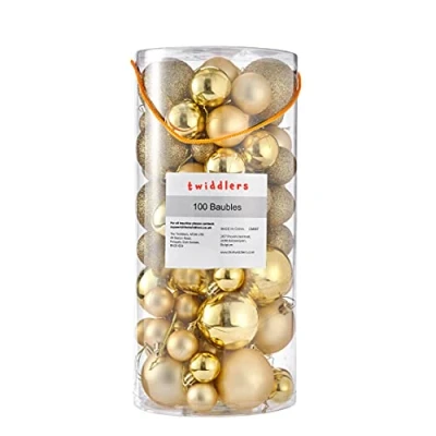 Afbeelding van THE TWIDDLERS 100 Gouden Kerstballen (3 Maten en Afwerkingen) Hangende Kerstboomversiering, Kerst Decoratie Elegant, Stevig Herbruikbaar