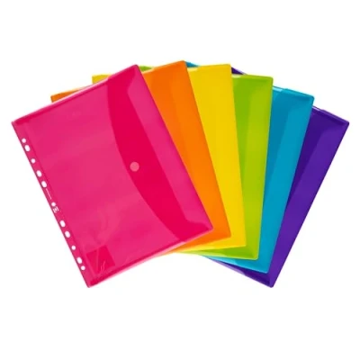 Image de OXFORD 6 Pochettes Plastiques A4 Perforées épaisses et colorées avec bouton velcro pour usage intensif