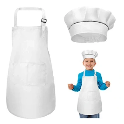 Afbeelding van WEONE Kinderschort en kokshoedset, verstelbaar, keukenschort met 2 zakken, voor meisjes jongens, peuters, schort het koken, schilderen, knutselen (7 13 jaar) (wit)