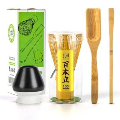 Afbeelding van TEANAGOO Japanse ceremonie accessoire voor matcha, matcha garde (chashaku), traditionele lepel theelepel, matzwarte gardehouder, I4, de perfecte set het bereiden van een kopje