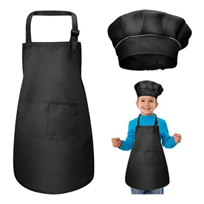 Afbeelding van WEONE Kinderschort en kokshoedset, verstelbaar, keukenschort met 2 zakken, voor meisjes jongens, peuters, schort het koken, schilderen, knutselen (7 13 jaar) (zwart)