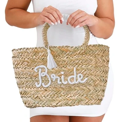 Afbeelding van Ginger Ray Rotan tas gevlochten met touw, decoratie &quot;Bruid&quot; en witte pompon voor vrijgezellenfeest of huwelijksreis, bruin