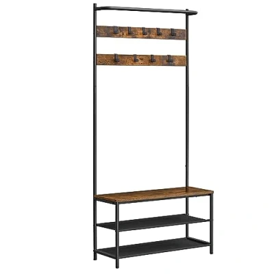 Afbeelding van Vasagle HSR421B01 Kapstok met schoenenrek, 9 afneembare haken, bovenste stang, industriële stijl, voor entree, slaapkamer, rustiek bruin en zwart, 32,2 x 84 180 cm