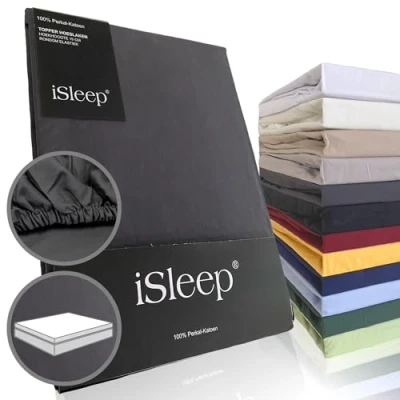 Afbeelding van iSleep Perkal Topper Hoeslaken 100% Katoen Rondom Elastiek Litsjumeaux 180x210 cm Antraciet