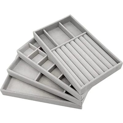 Afbeelding van PIQIUQIU Set van 4 stapelbare sieradendienbladen, sieradenopslag, lade voor het bewaren en presenteren oorbellen, halskettingen, ringen (grijs)