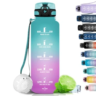 Afbeelding van Grsta sportfles, 1,5 liter, lekvrij, BPA vrij, met motiverende tijdweergave, voor sportschool, fiets, school, kantoor, groen poeder