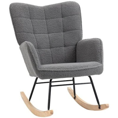 Afbeelding van HOMCOM Schommelstoel, bekleding in kasjmier imitatie, borstvoedingsstoel, stalen frame, poten van massief hout, donkergrijs