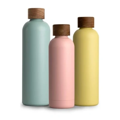 Afbeelding van Roestvrijstalen drinkfles, 500 ml, thermosfles, 0,5 l, met acaciahouten deksel, geïsoleerde waterfles, lekvrij bij koolzuur, thermosfles nude