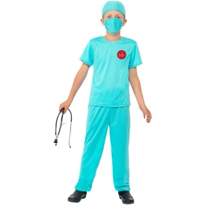Afbeelding van Smiffys Chirurgisch kostuum, blauw, met top, broek, hoed, masker en stethoscoop, 10 12 jaar