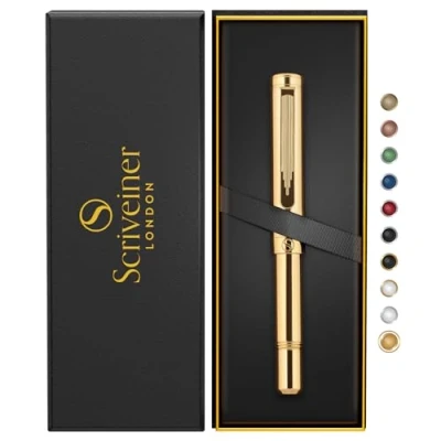 Afbeelding van Scriveiner Zware gouden balpen, bekroonde luxe zakpen met echt vergulde afwerking, Duitse Schmidt vulling, beste EDC geschenkdoos voor dames en heren, mooie bureaupen