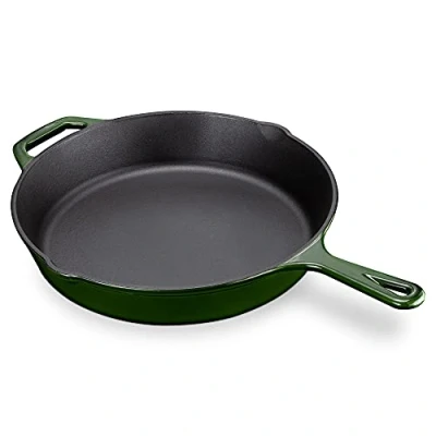 Afbeelding van Navaris gietijzeren koekenpan Geëmailleerde pan van gietijzer Ronde skillet Geschikt voor alle warmtebronnen Ø 30 cm Met handvat Groen