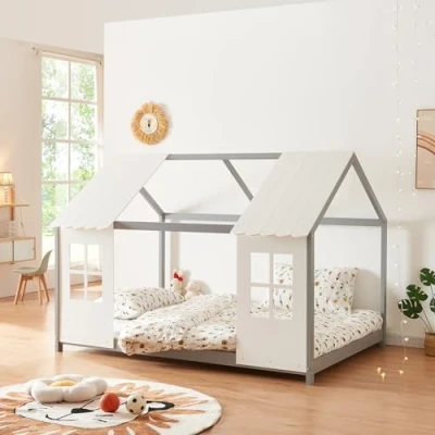 Afbeelding van [en.casa] Lit Cabane avec Fenêtres et Toit Enfant Forme Maison Design Sommier à Lattes pour Chambre d&#039;Enfant en Bois de Pin Contreplaqué 120 x 200 cm Gris Blanc