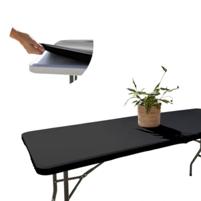 Afbeelding van Rechthoekig tafelkleed, zwart, 182 x 76 cm, rekbaar, met elastiek, machinewasbaar, waterdicht en ideaal voor tuin, buiten; elegant design gemakkelijk te reinigen