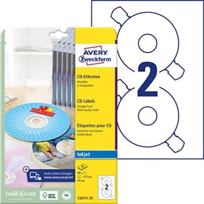 Afbeelding van Avery CD/DVD Labels, Inkjet Ø 117 C6074 wt/pk 40
