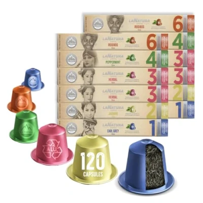 Image de la Natura Lifestyle Lot de 120 capsules thé qualité supérieure, compatibles avec les machines à Nespresso®3, 100 % recyclable, tisane, menthe poivrée, au jasmin,