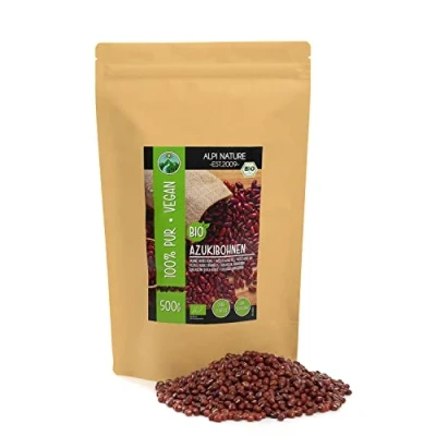 Afbeelding van biologische azukibonen, adzukibonen uit gecertificeerde teelt, glutenvrij, lactosevrij, laboratoriumgetest, veganistisch, 100% natuurlijk zonder additieven (500 gr)