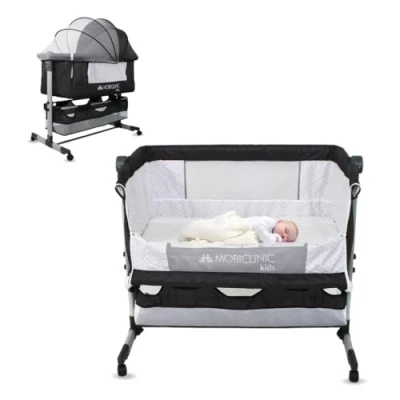 Afbeelding van Mobiclinic Night 3 in 1 kinderbed verstelbare hoogtes Wip Klamboe en mand Met matras Wielen 360º