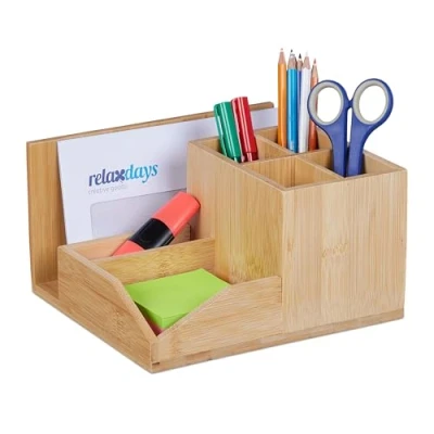 Afbeelding van Relaxdays pennenbak bamboe 7 vakken bureau organizer pennen brieven