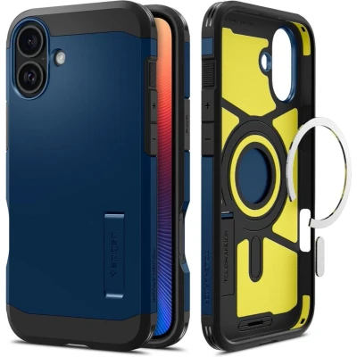 Afbeelding van Spigen Tough Armor Hoesje Geschikt voor Apple iPhone 16 Plus Compatibel met MagSafe Back Cover Militaire Standaard Kickstand Blauw