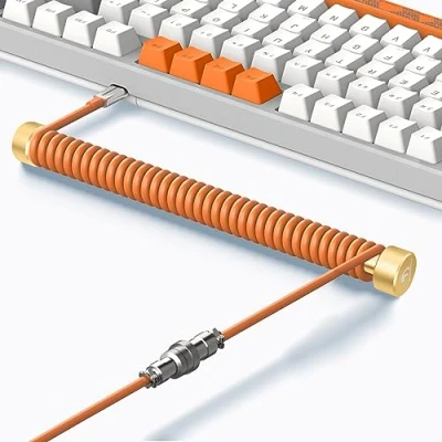 Afbeelding van MAMBASNAKE Câble de Clavier Spiralé Custom et Enrouleur D&#039;aviateur Métal Set à Tige Fixe + TPU Coiled USB C avec Connecteur D&#039;aviation pour Jeu Orange