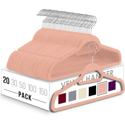 Afbeelding van Utopia Home Hoogwaardige fluwelen kleerhangers Antislip, duurzaam met stropdasstang Ruimtebesparende voor overhemden, jassen en jurken (roze, 20 stuks)