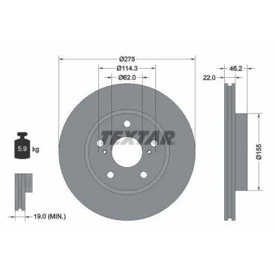 Afbeelding van TEXTAR PRO 92163803 Remschijf 275 22 05/07 114,3 interne ventilatie Gecoat Zonder wielbevestigingsbout, wielnaaf TOYOTA: Auris Hatchback
