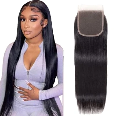 Image de Tuheerst Straight Human Hair Closure 4X4 Lace Real Natural Black Remy Pre Bleached Knots Plucked with Baby Free Part Low Shedding for Woman 26 Inch