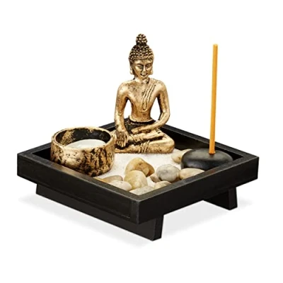 Afbeelding van Relaxdays zen garden theelichthouder tuintje boeddha beeldje wierookstokjes