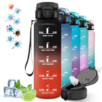 Afbeelding van Herbruikbare waterfles met tijdmarkering, waterdicht, 1 liter, voor yoga, hardlopen, wandelen, zwart/rood