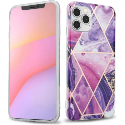 Afbeelding van Cadorabo Hoesje geschikt voor Apple iPhone 12 / PRO in Paars Golf Marmer No. 14 Beschermhoes gemaakt van TPU siliconen Case Cover met mozaïek motief