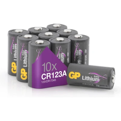Afbeelding van CR123A batterijen, verpakking van 10 GP Extra, 3V lithiumbatterijen lange levensduur