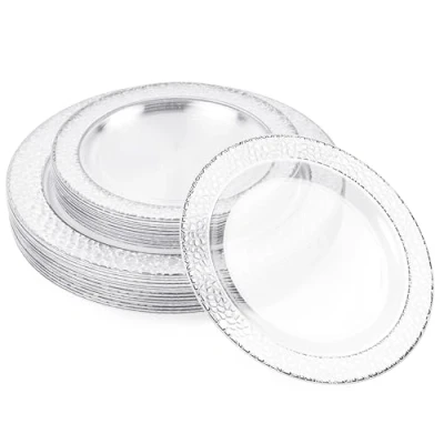 Afbeelding van MATANA 40 Transparante Plastic Borden met Zilveren Rand, Bordjes voor Bruiloften, Verjaardagen, Kerstmis en Feesten (2 Maten: 20x26 cm, 20x19 cm) Stevig Herbruikbaar