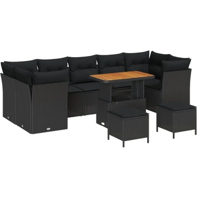 Afbeelding van vidaXL 10 delige Tuinset met Kussens Zwart Poly Rattan, Acacia