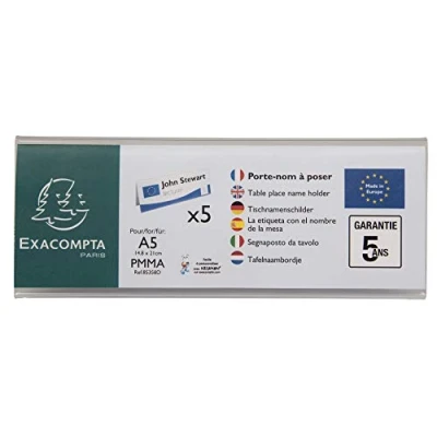 Afbeelding van Exacompta Ref. 85358D 1 Set van 5 naamplaatjes (A5 gevouwen) horizontaal Office Afmetingen 210 x 75 mm PMMA (acryl) tafel, display, receptie, kantoor, winkel, restaurants Crystal Color