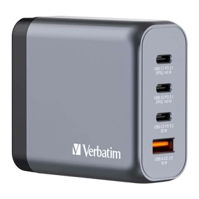 Image de Verbatim Adaptateur secteur GaN 140 Watt 5 A PD 3.0, Power Delivery 3.1, QC PD/PPS 4 connecteurs de sortie (3 x USB C, USB)