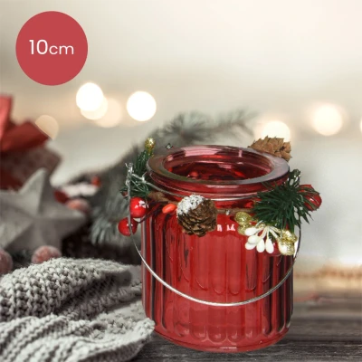 Afbeelding van Rode glazen waxinelichthouder met ribbels en versiering Ø8 x 10 cm kerstdecoratie kerst luxe theelichthouder voor kaarsjes
