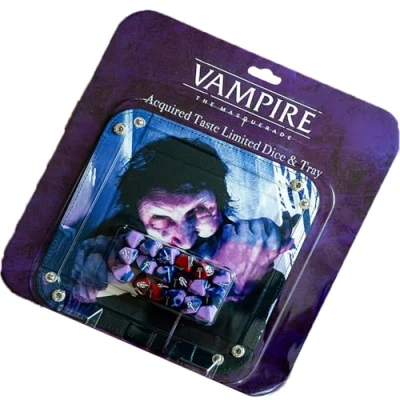 Afbeelding van Vampier: The Masquerade 5e editie rollenspel Taste Limited dobbelstenen en lade accessoireset 18 paarse rode RPG opvouwbaar bord